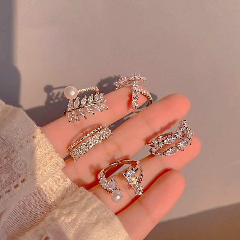 Fashion Leaf Zircon Adjustable Open Ring for Women