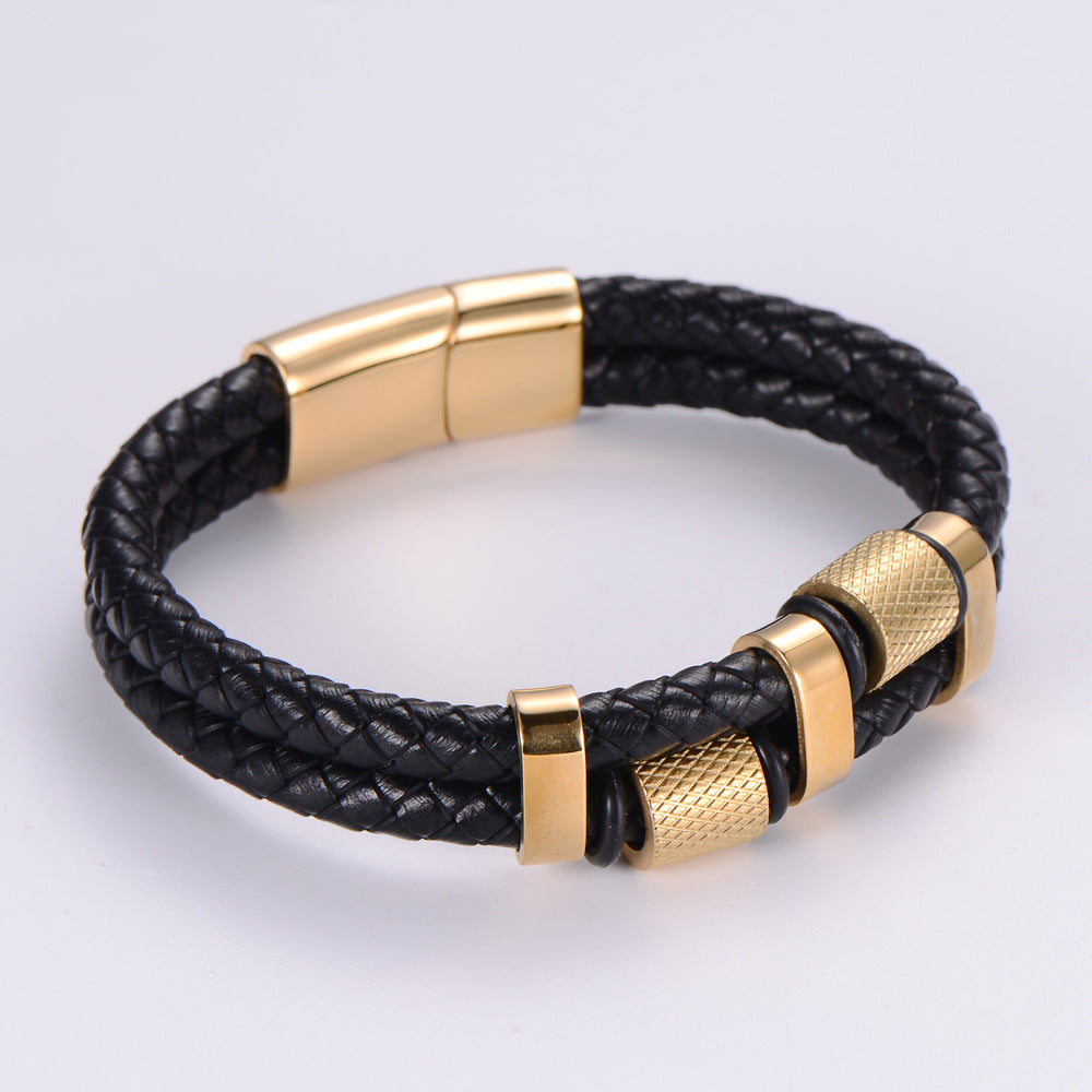 Fashion 18K Gold Stainless Steel Double-Layer Leather Rope Bracelet