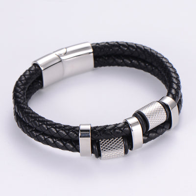 Fashion 18K Gold Stainless Steel Double-Layer Leather Rope Bracelet