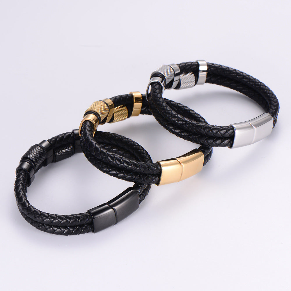 Fashion 18K Gold Stainless Steel Double-Layer Leather Rope Bracelet