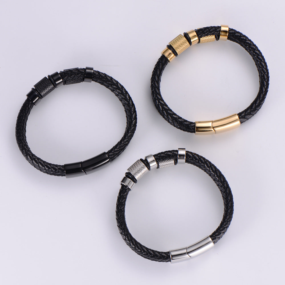 Fashion 18K Gold Stainless Steel Double-Layer Leather Rope Bracelet