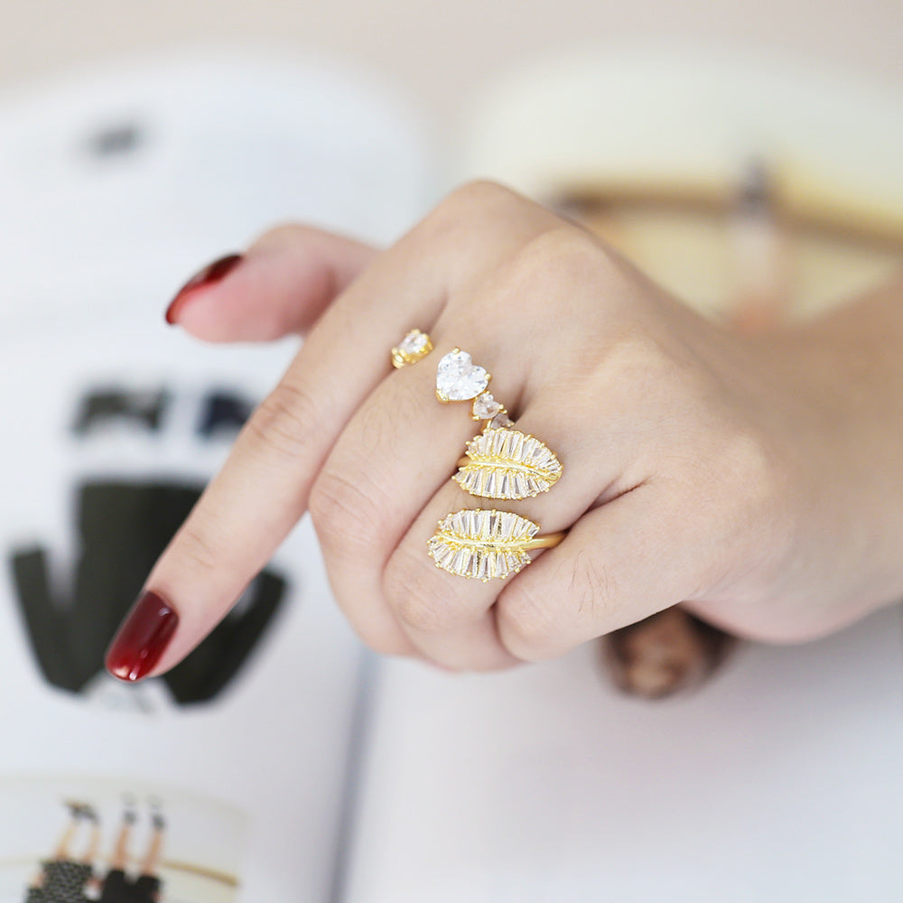 Fashion Heart Leaf Zircon Gold Plated Open Ring