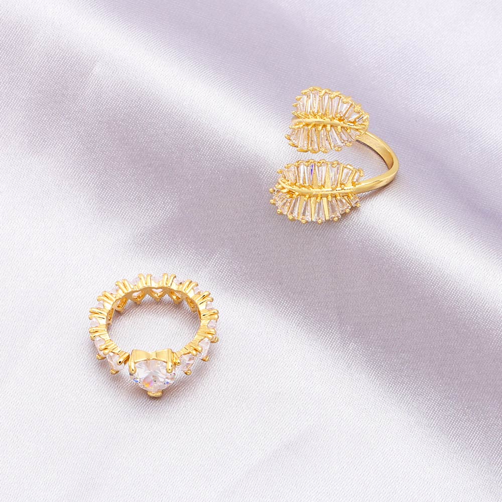 Fashion Heart Leaf Zircon Gold Plated Open Ring