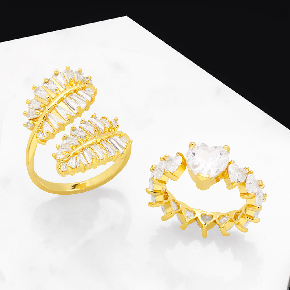 Fashion Heart Leaf Zircon Gold Plated Open Ring