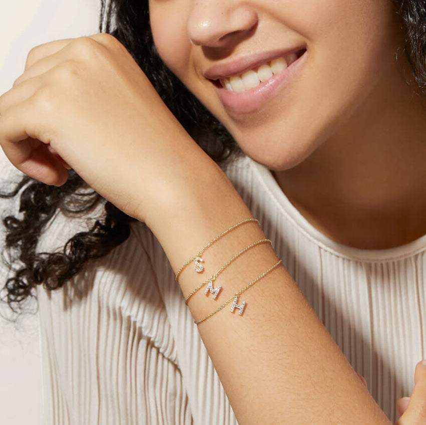 Elegant Initial Zircon Inlay 14k Gold Plated Copper Bracelets for Women