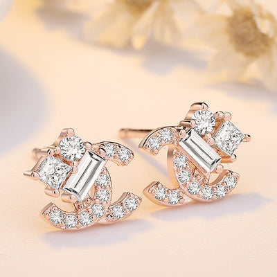 Rose Gold Zircon Letter Stud Earrings 925 Silver Needle