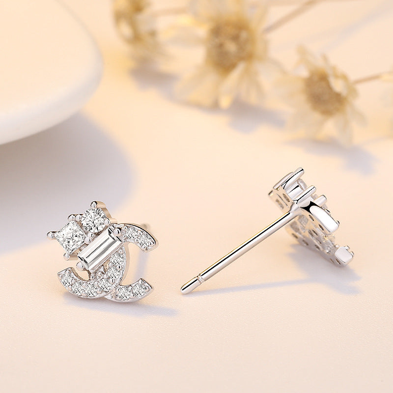 Rose Gold Zircon Letter Stud Earrings 925 Silver Needle