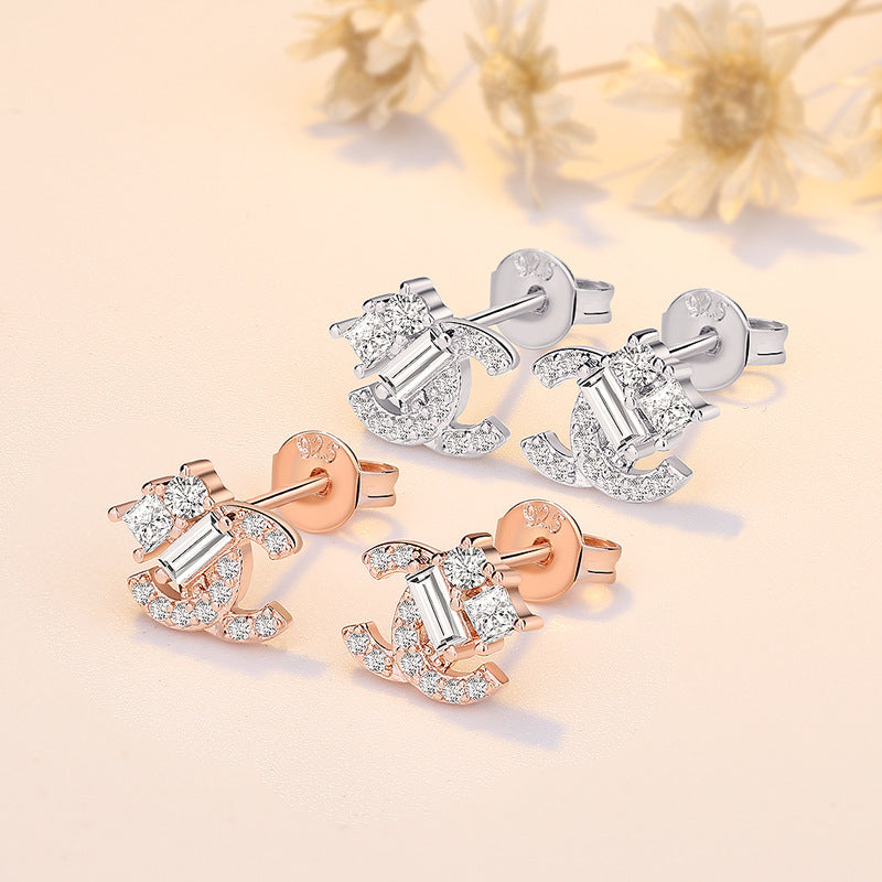 Rose Gold Zircon Letter Stud Earrings 925 Silver Needle