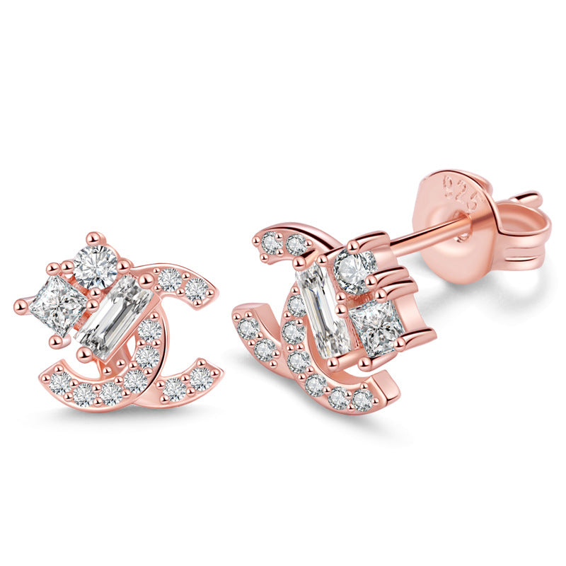 Rose Gold Zircon Letter Stud Earrings 925 Silver Needle