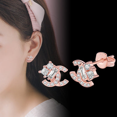 Rose Gold Zircon Letter Stud Earrings 925 Silver Needle