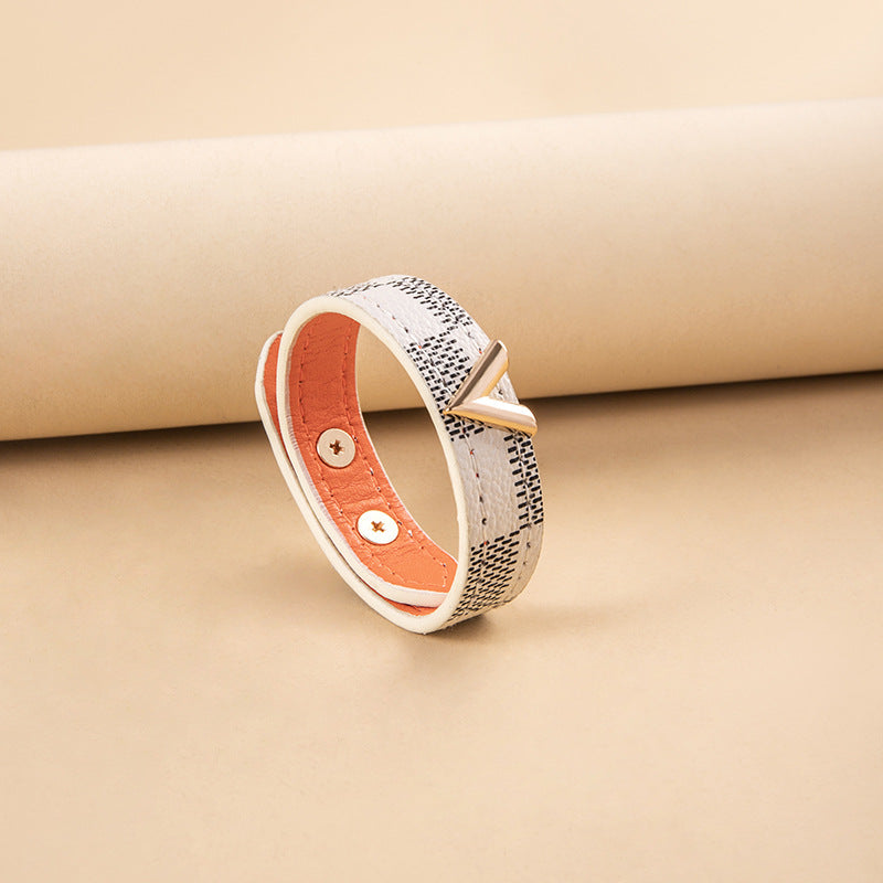 Fashion Plaid PU Leather V-Shaped Bangle with Alloy Metal Button