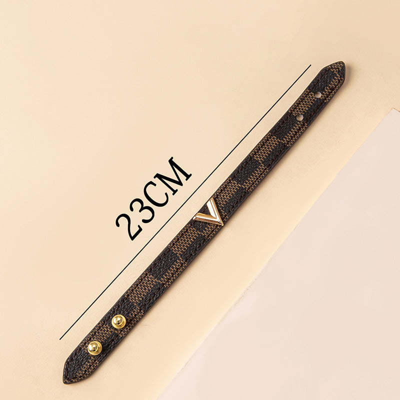 Fashion Plaid PU Leather V-Shaped Bangle with Alloy Metal Button