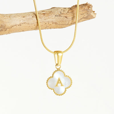 Clover Shell Letter Pendant Gold Plated Stainless Steel Snake Chain Necklace