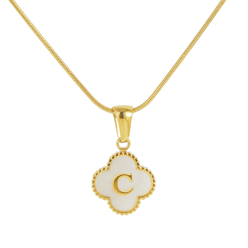 Clover Shell Letter Pendant Gold Plated Stainless Steel Snake Chain Necklace