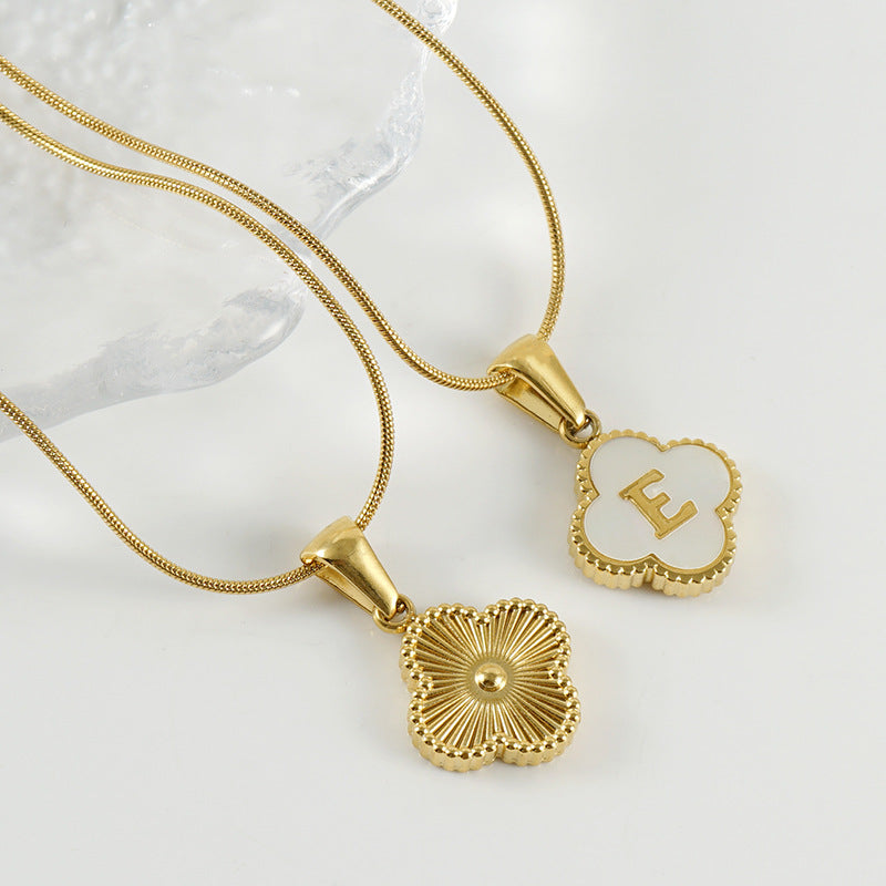 Clover Shell Letter Pendant Gold Plated Stainless Steel Snake Chain Necklace