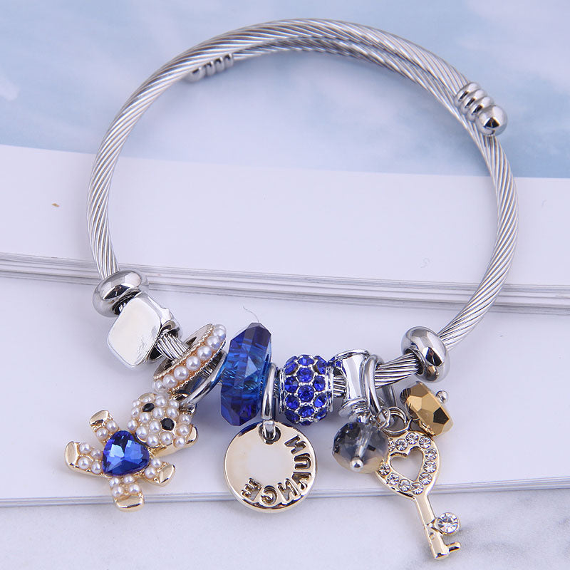Fashion Pearl Heart Bear Adjustable Stainless Steel Crystal Beaded Bracelet