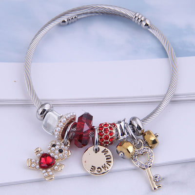 Fashion Pearl Heart Bear Adjustable Stainless Steel Crystal Beaded Bracelet