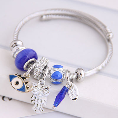 Fashion Metal Owl Eye Crystal Tassel Adjustable Bangle Bracelet