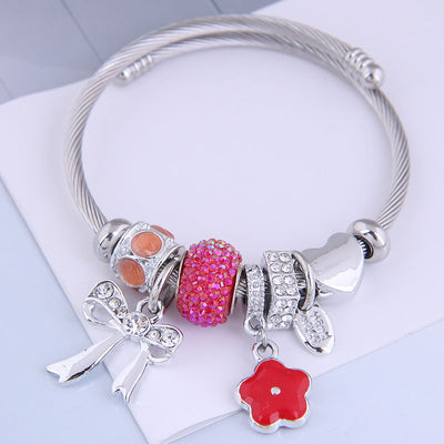 Fashion Stainless Steel Open Cuff Bracelet with Heart and Bowknot Charms