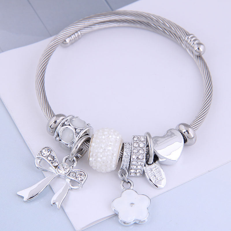 Fashion Stainless Steel Open Cuff Bracelet with Heart and Bowknot Charms