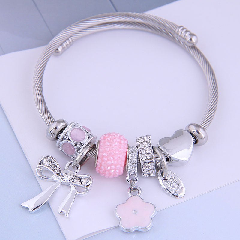 Fashion Stainless Steel Open Cuff Bracelet with Heart and Bowknot Charms