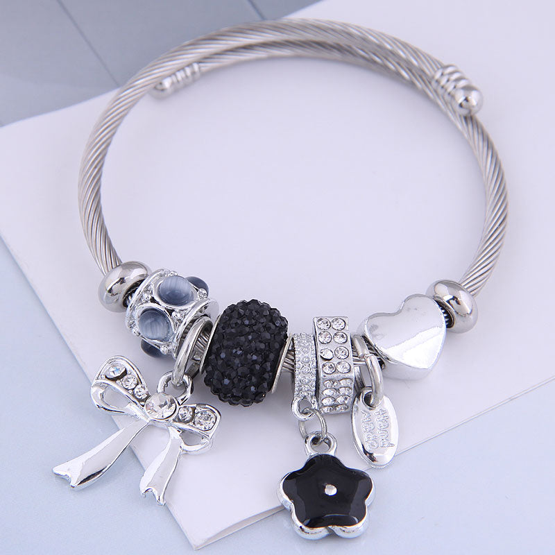 Fashion Stainless Steel Open Cuff Bracelet with Heart and Bowknot Charms