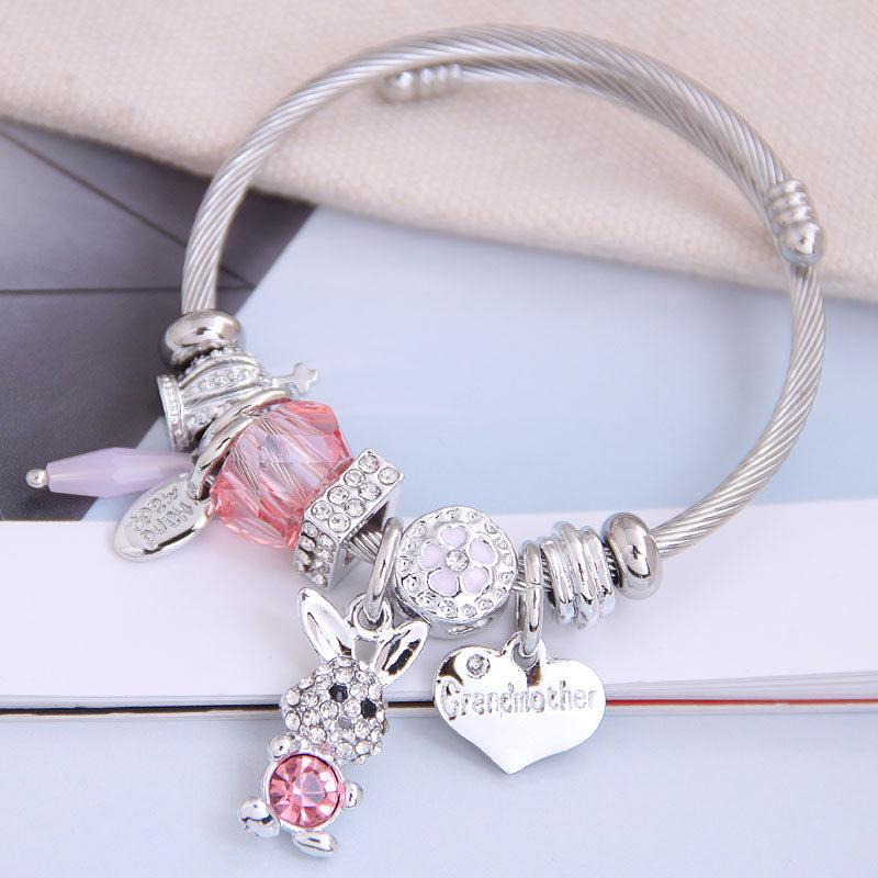 Fashion Metal Bunny Pendant & Crystal Bead Adjustable Stainless Steel Bracelet