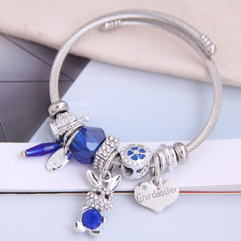 Fashion Metal Bunny Pendant & Crystal Bead Adjustable Stainless Steel Bracelet