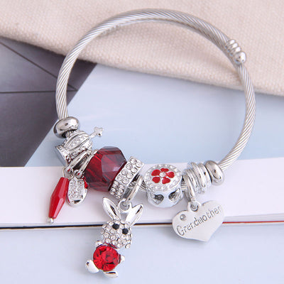 Fashion Metal Bunny Pendant & Crystal Bead Adjustable Stainless Steel Bracelet