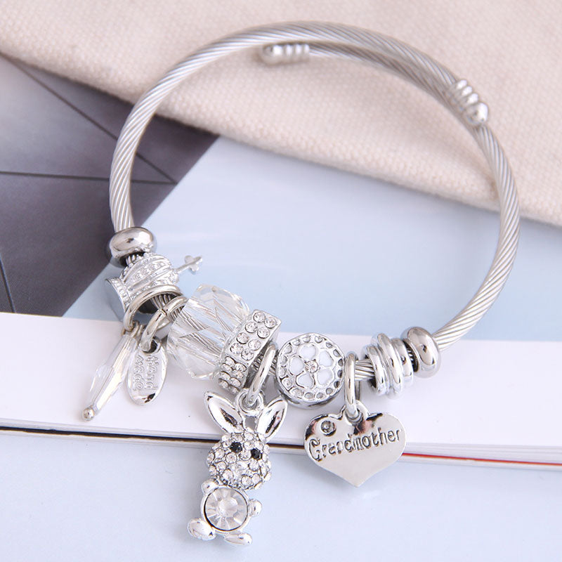 Fashion Metal Bunny Pendant & Crystal Bead Adjustable Stainless Steel Bracelet