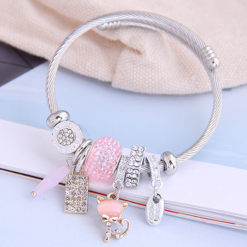 Bohemian Vintage Stainless Steel Cat Pendant Bracelet - Fashion Metal Multi-Element Accessories