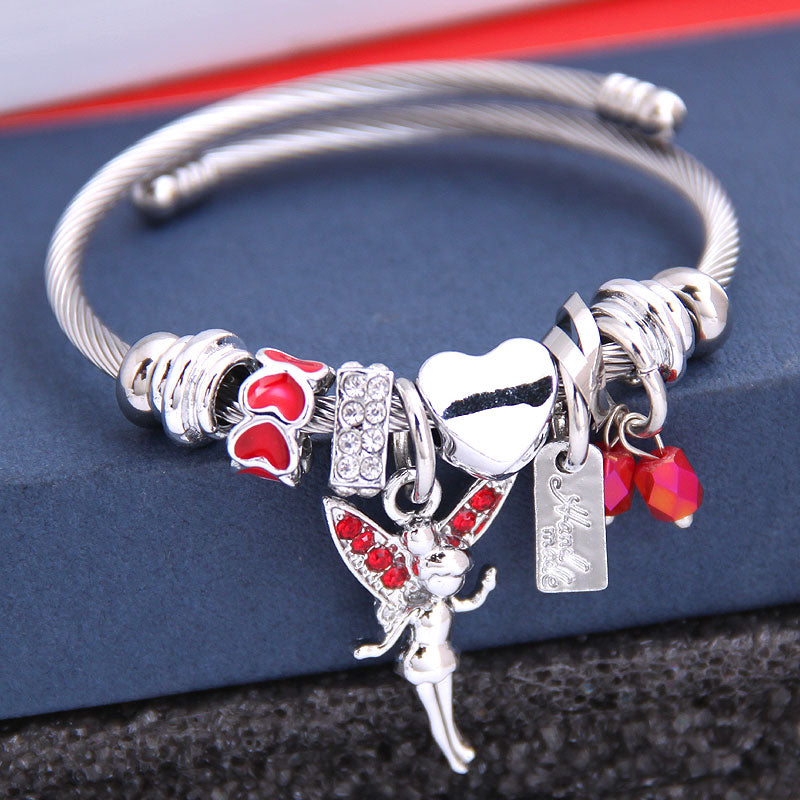 Fashion Metal Adjustable Bracelet with Crystal Heart and Angel Pendant