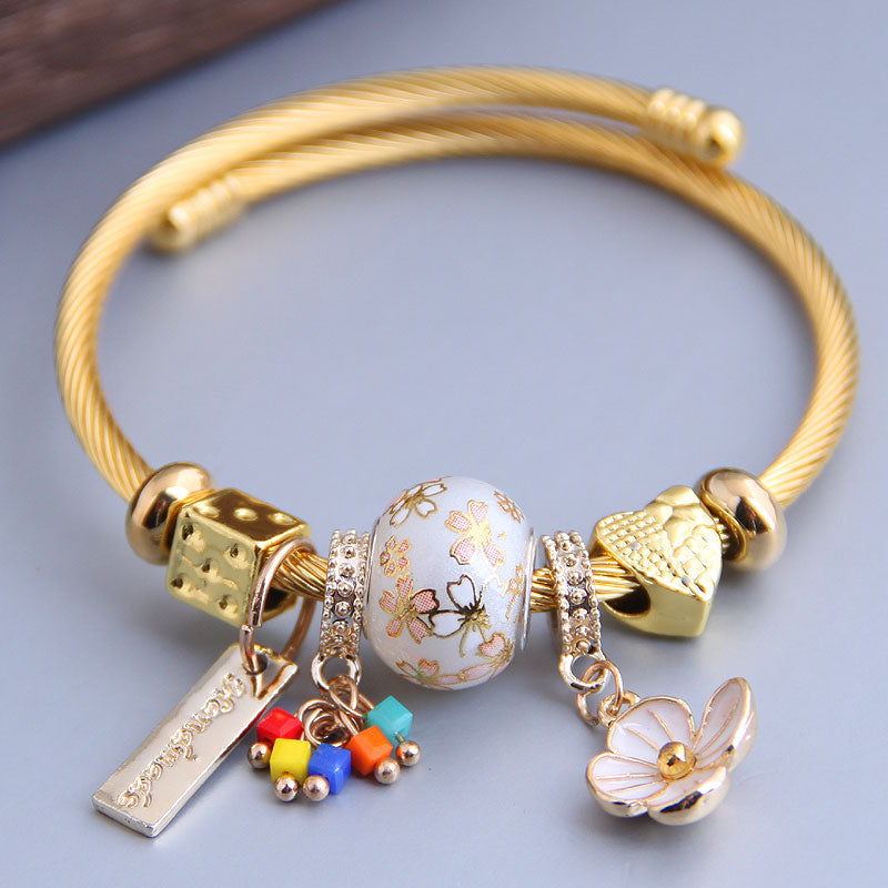Adjustable Stainless Steel Heart Gemstone Crystal Flower Bracelet