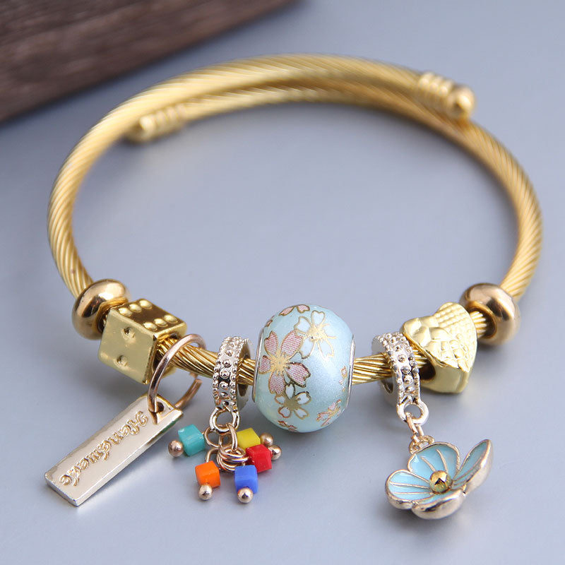 Adjustable Stainless Steel Heart Gemstone Crystal Flower Bracelet