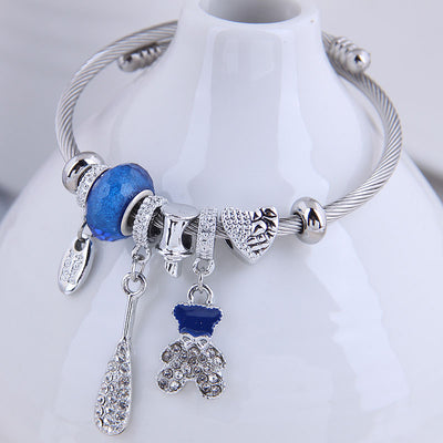 Fashion Metal Flash Diamond Bear & Fruit Charm Bracelet