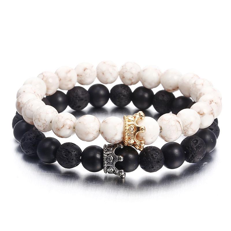 Fashion Zircon Crown Volcanic Stone and White Turquoise Matte Bracelet Set