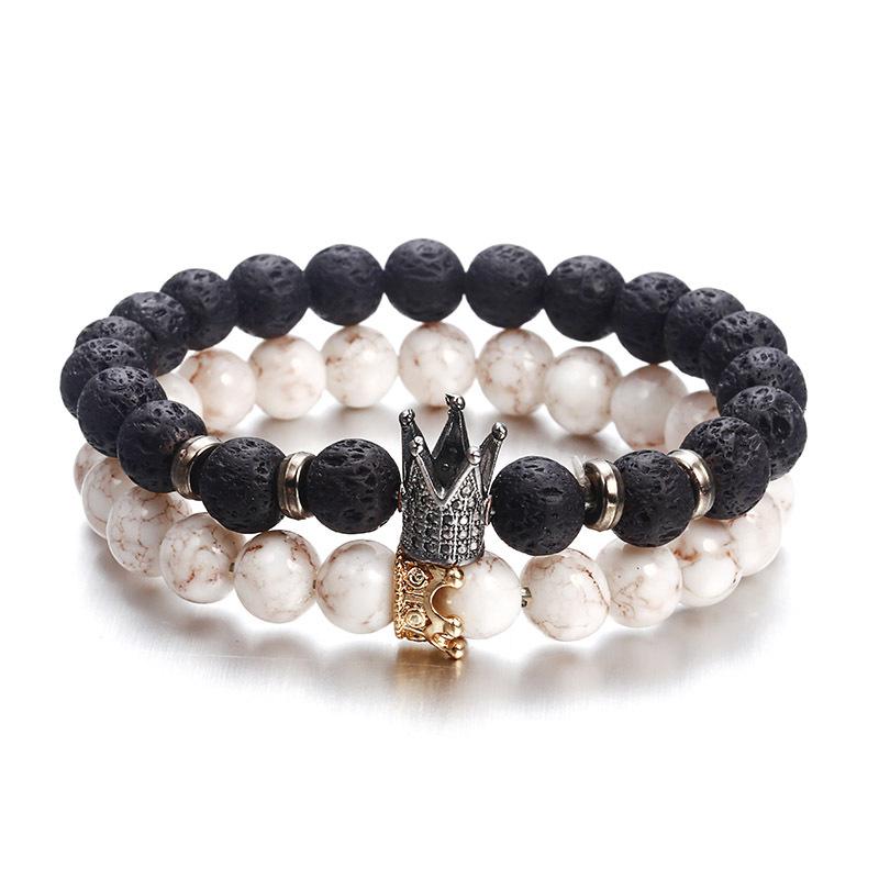 Fashion Zircon Crown Volcanic Stone and White Turquoise Matte Bracelet Set