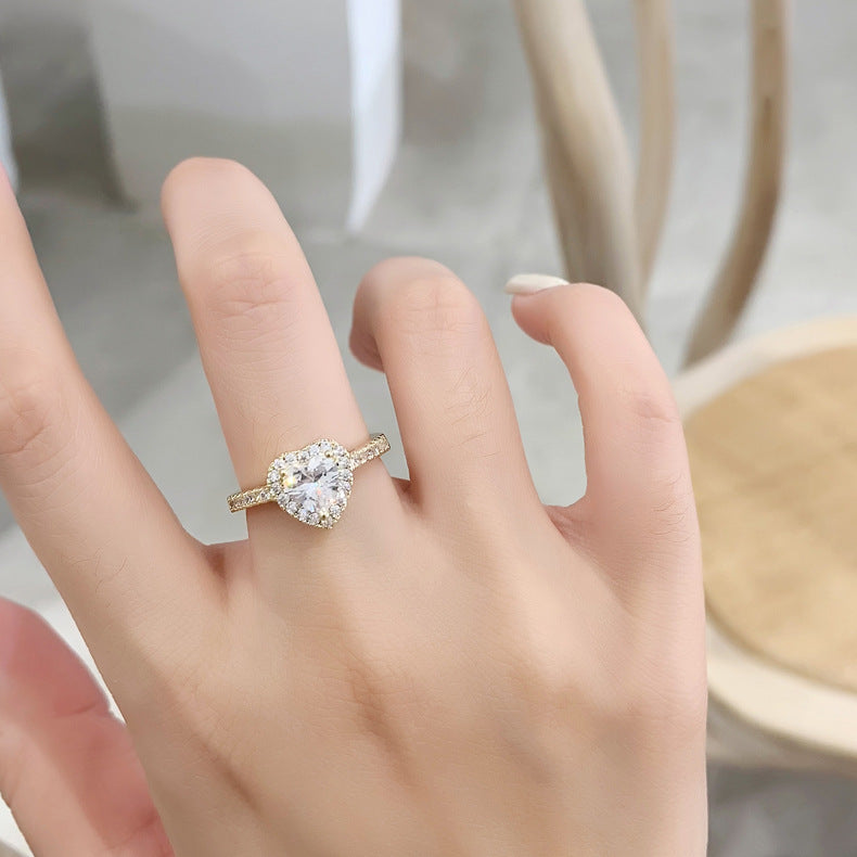 Fashion Zircon Heart Square Open Ring with 925 Silver Moissanite Stone