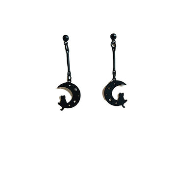 Moon Cat Dangle Earrings with Silver Needle Clip-On Option