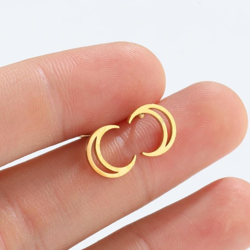 Geometric Moon Titanium Steel Stud Earrings Minimalist Design Korean Style