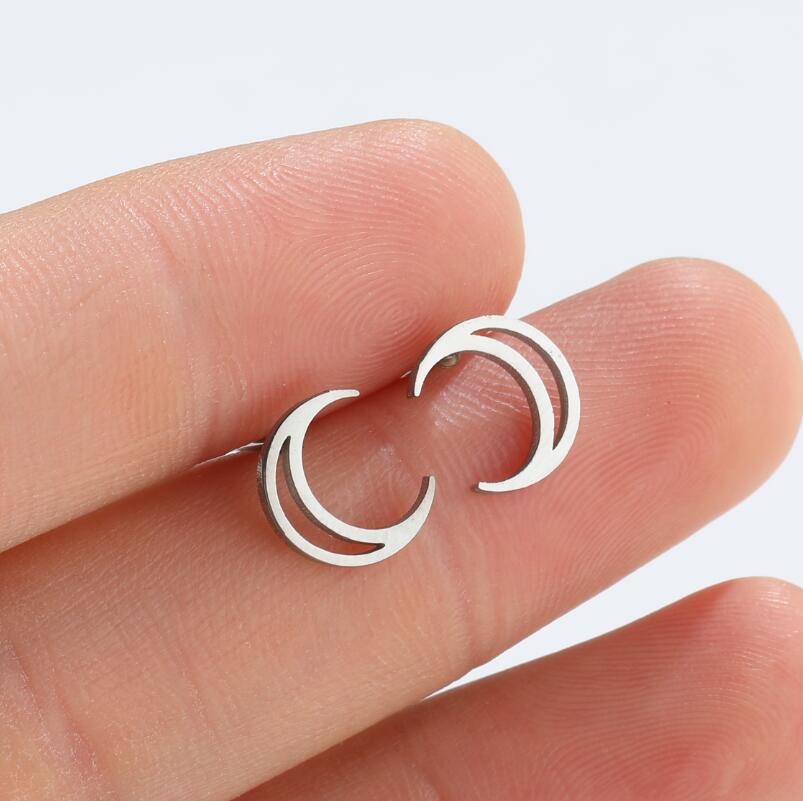 Geometric Moon Titanium Steel Stud Earrings Minimalist Design Korean Style