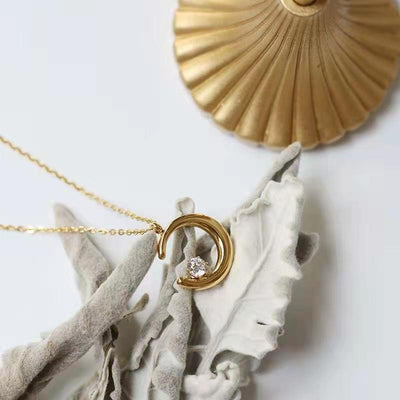 Elegant Crescent Moon Zircon Pendant Necklace in Titanium Steel