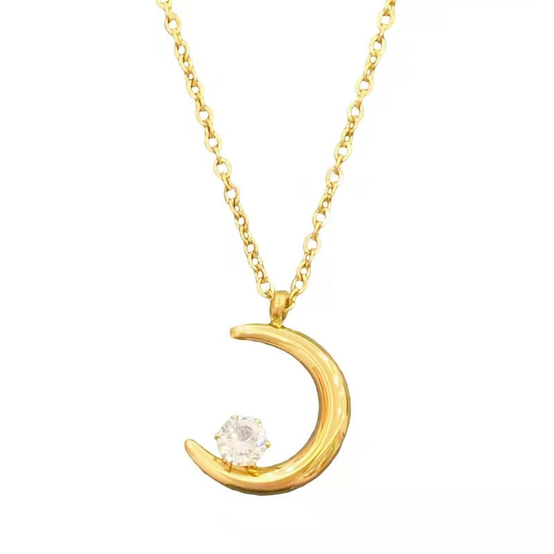 Elegant Crescent Moon Zircon Pendant Necklace in Titanium Steel