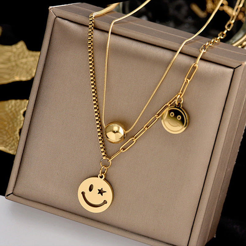 Fashion Smiley Face Pendant Titanium Steel Layered Necklace
