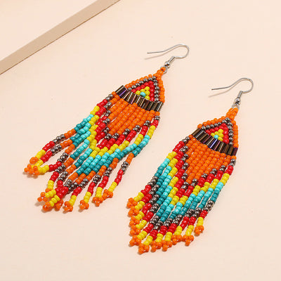 Fashion Multi-layer Rice Bead Vintage Long Tassel Earrings