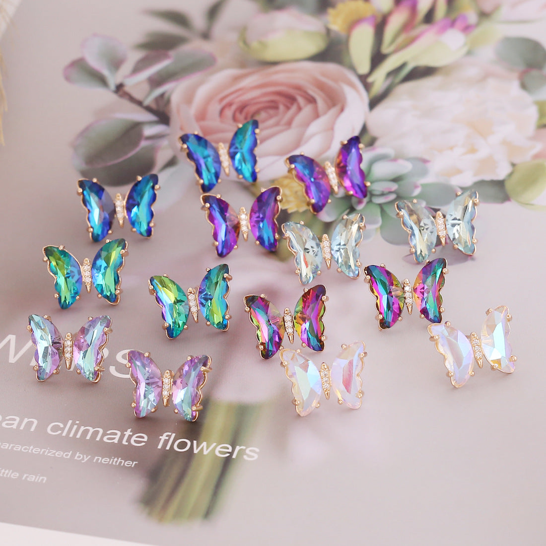 Gradient Multicolor Butterfly Crystal Stud Earrings in Sterling Silver