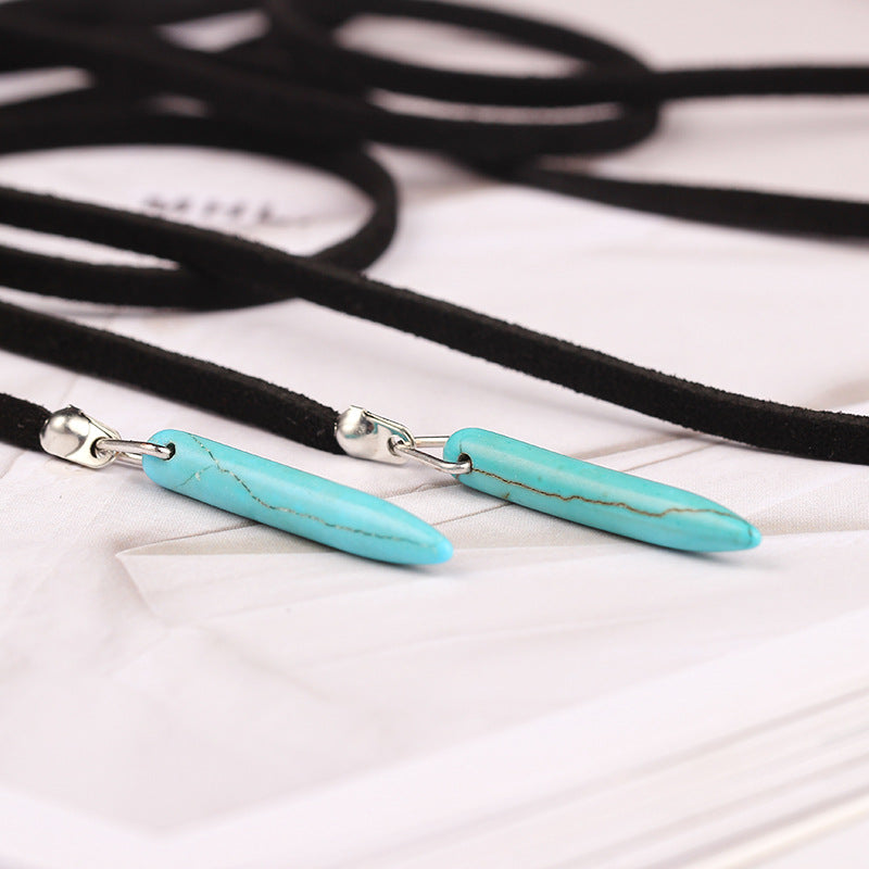 Bohemian Natural Stone Turquoise Pendant Velvet Tie Long Necklace