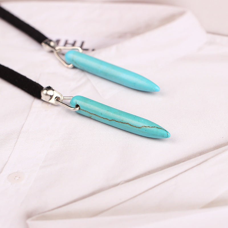 Bohemian Natural Stone Turquoise Pendant Velvet Tie Long Necklace