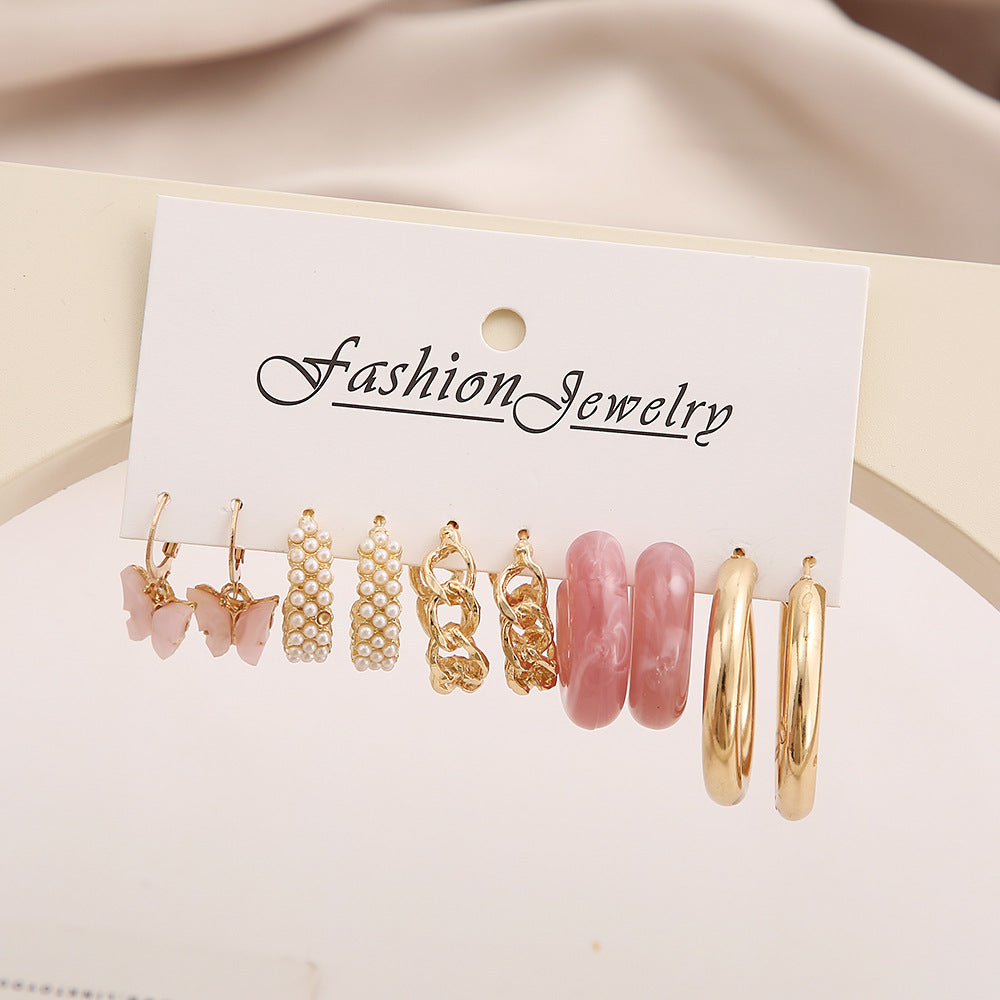 Inlaid Pearl Butterfly Resin Earrings Set - 5 Pairs