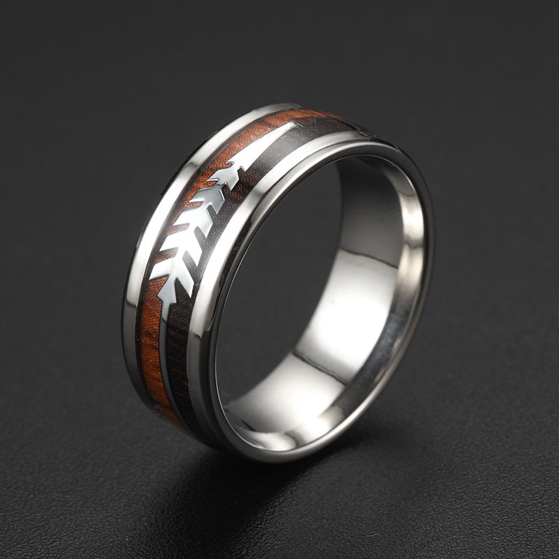 Fashion Two-Tone Wood Grain Arrow Titanium Steel Ring